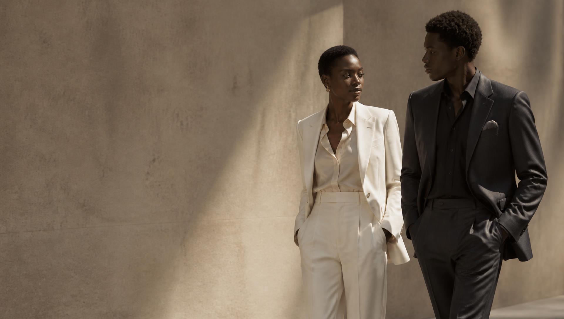 Two models in cream and charcoal tailoring from DRINA SOLUTIONS